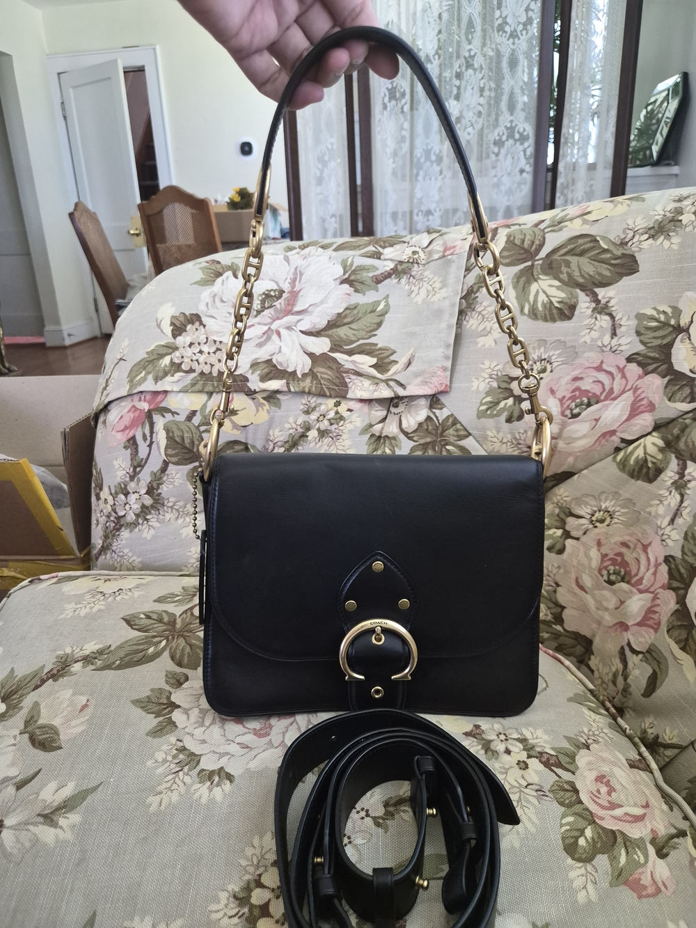 Coach Black Leather Crossbody with Gold Chain Accents